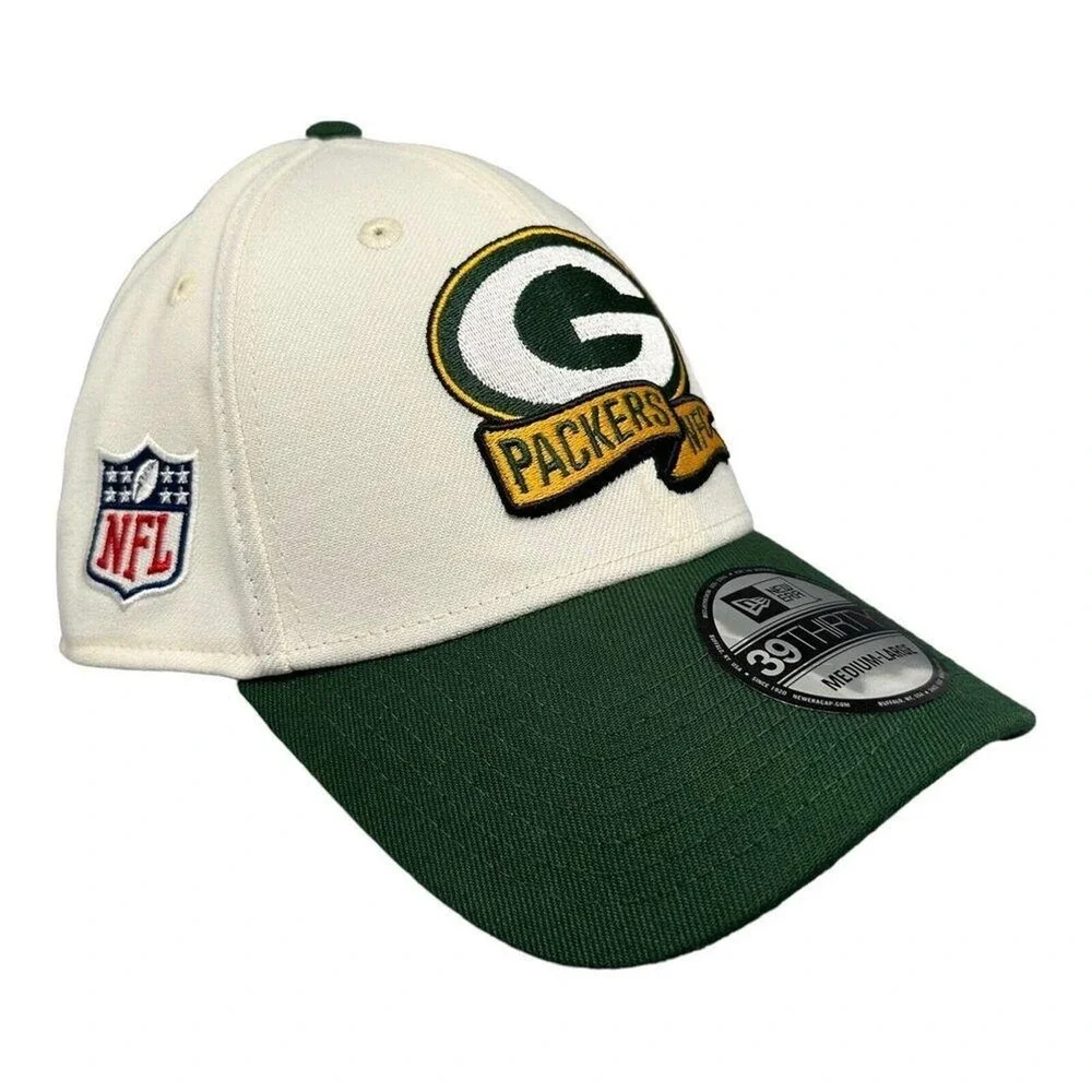 New Era 39THIRTY Green Bay Packers Hat Cream Green NFL Stretch Fit Cap Sz M/L